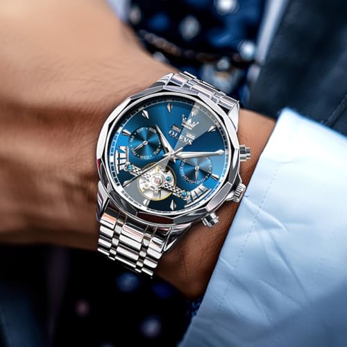 Image of OLEVS Automatic Self Winding Men's Wrist Watch Skeleton Stainless Steel Calendar Chronograph Waterproof Luminous Luxury Gift Branded Watch for Man