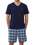 Bresdk Schlafanzug Herren Pyjama Kurz Baumwolle Sommer Set für Männer Nachtwäsche Kariert Blau M216 S