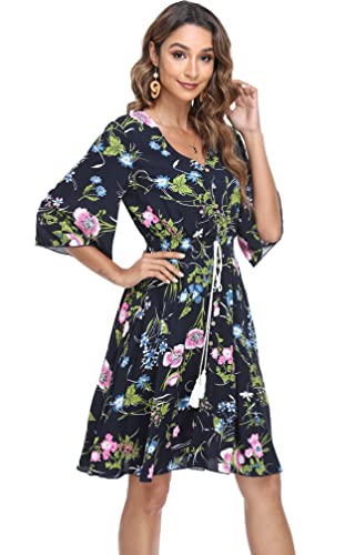 Image of VintageClothing Women's Floral Sundresses Flowy Boho Summer Beach Dress | Lightweight Breathable material,Elegant V Neck and Button Front Design,Flared Bell Sleeve Cut,Mini Casual dress