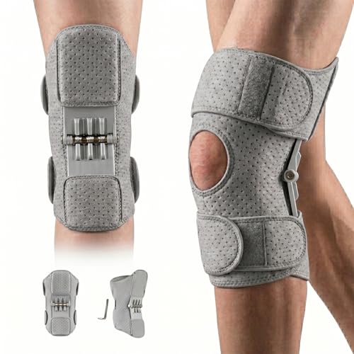 Image of JERN Knee Support Brace with Rebound Assist, Open Patella Stabilizer, Breathable Perforated Fabric, Adjustable Wrap-Around Straps for Running, Weightlifting, Outdoor Sports (Grey)