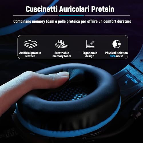 Cuffie Gaming, Cuffie Gaming con Microfono Noise Cancelling, Stereo Bass Deep, Cuscinetti Auricolari Proteici, per Ps4 Ps5 PC Xboxone Switch, Blu - Cuffia gaming - Immagine 4