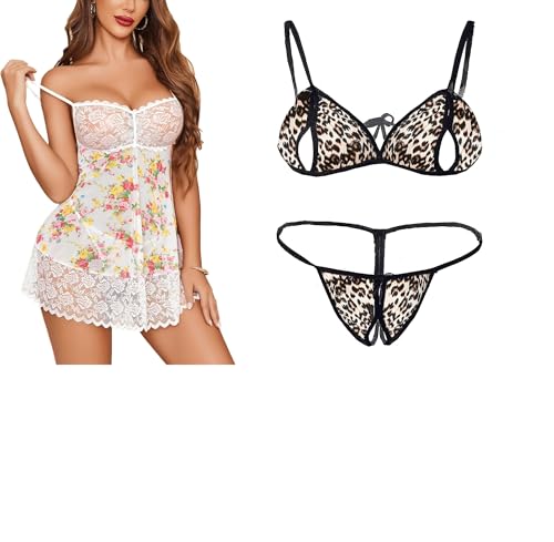 Image of SSoShHub Lace Babydoll Lingerie Sexy Mini Chemise Mesh Wedding Nightie Bridal Nightdress with Bikini
