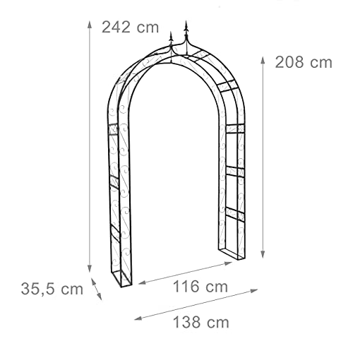 Relaxdays Rosenbogen mit Spitze HBT 242 x 138 x 35,5 cm Torbogen aus massivem Metall als Rankhilfe für Kletterrosen und Clematis Rosenspalier mit Pike und 4 Erdnägeln als stabiles Rankgitter, schwarz