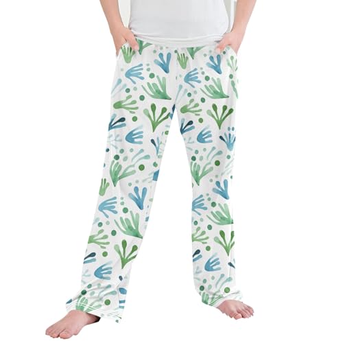 Green Leaf Long Pajama Pants Elastic Waist PJ Bottoms with Pockets S A110492