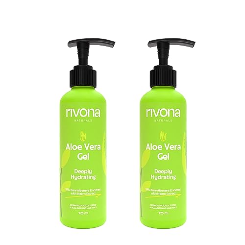 Image of Rivona Naturals 99% Pure Organic Aloe Vera Gel with Neem | For Face, Skin & Hair | Hydrating, Moisturizing & Soothing | Multipurpose Gel for Men & Women (Pack 2)