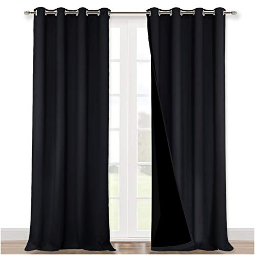 Image of NICETOWN Cold Blocking 100% Blackout Curtains, Durable Black Lined Blackout Curtains for Bedroom, Energy Saving Long Curtains for Patio Sliding Glass Door, Black, 52 inches x 95 inches, 2 Panels