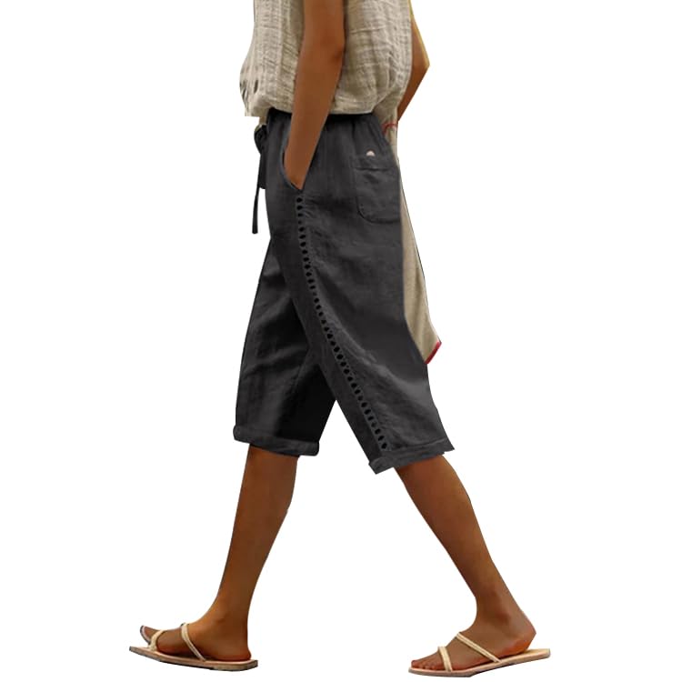 Womens Bermuda Shorts Solid Color Linen Casual Side Lace Summer Drawstring Pants with Pocket for Beach Vacations