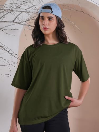 Image of CHKOKKO Oversized T-Shirt for Women Cotton Blend Soft Loose Fit Tshirt Top for Summer Half Sleeves Drop Shoulder Trendy Stylish Solid for Casual Streetwear, Outings or Travel