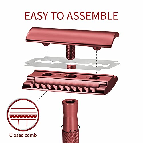 Image of Bambaw Single Blade Double Edged Safety Razor with 5 Blades, Durable Metal Razor for Men & Women, Reusable & Plastic Free Double Edge Safety Razors for Men - Red