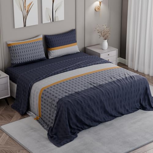 Image of BLISSHOME SoftTouch 150TC Cotton King Size Printed Bedsheet with 2 Pillow Covers for Double Bed, Silky Smooth Bedding Set, Breathable, Easy Maintain, Geometric Pattern - Blue (228cm X 274cm)