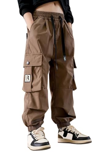 Image of AOWKULAE Girls Casual Cargo Pants for Kids Drawstring Elastic Waist Jogger Pants 6-14 Years