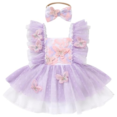 Baby Girls First Birthday Outfits 3D Floral Butterfly Print Ruffle Tulle Romper Dress for Toddler Flutter Sleeve Birthday Party Dresses and Headband 1st Cake Smash Clothes Lilac Butterfly 3-6 Months