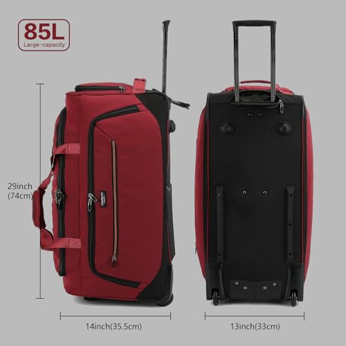 Image of Large Rolling Duffle Bag with Wheels and Handle 85L 29 inch Travel Duffel Bag for Men Women with Shoe Compartment & Wet Pocket, 2 Wheeled Checked Luggage for Business Travel Long Trips, Red