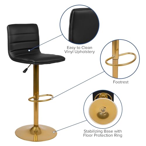 Flash Furniture Vincent Butaco Moderno Negro Vinilo Ajustable con Respaldo, Altura de Barra Giratorio con Base Dorada, Set de 2 miniatura 5