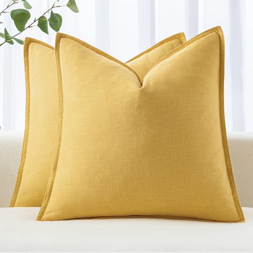 Image of MIULEE Decorative Linen Pillow Covers 18x18 Inch Yellow Boho Farmhouse Neutral Couch Throw Pillows for Bed Pack of 2 Accent Modern Pillowcase Summer Sofa Livingroom Home Decor