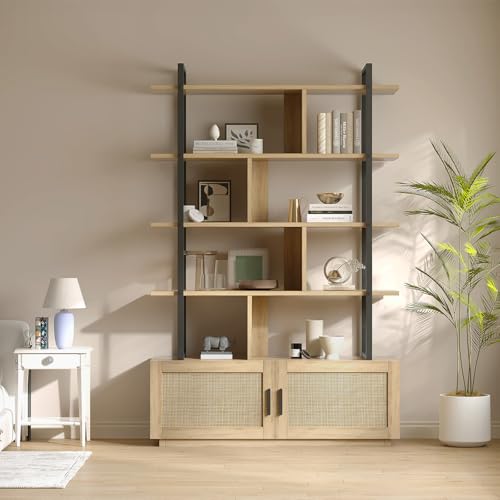 Garvee 5 Tier Tall Bookshelf with Open Display Shelves, 71 Inch Rattan Classical Book Shelf with Storage, 5 Open Storage Bookcase with Metal Frame for Living Room, Bedroom and Home Office