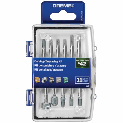 Dremel 729-01 - Juego de 11 brocas de tallado y grabado para herramienta giratoria, incluye brocas de grabado y piedras de molienda, ideal para madera, metal y vidrio
