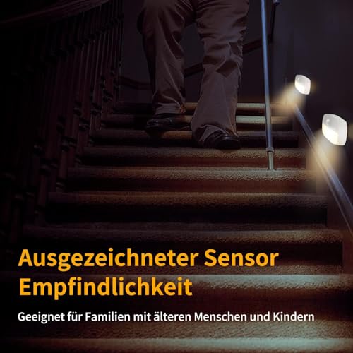 AmmToo LED Nachtlicht mit Bewegungsmelder, 4 Stück kinder Bewegungslicht mit Batterie, Indoor Treppenbeleuchtung,Auto EIN/AUS Sensor Licht Für Flur, Bad, Schlafzimmer,Orientierungslicht,Warmes Weiß
