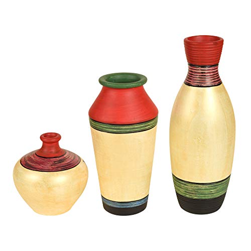 Image of Aakriti Art Creations Handpainted Earthen Vases with Madhubani Art Set of 3 | Red & Shimmer Gold Terracotta Flower Vases | Matte Finish Decorative Vases for Living Room, Table Decor & Gifting