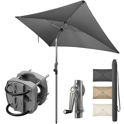 Menz SunnyShade Sonnenschirm Balkon mit Halterung im 3-er-Set UPF 50+ 200x125 cm Anthrazit Balkonschirm mit Sonnenschirmhalter Sonnenschirm rechteckig Sonnenschutz Balkon für Balkongeländer