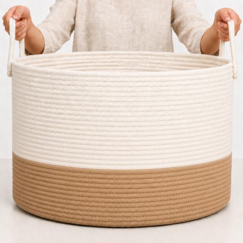 Image of OrganiHaus Round Toy Basket & Blanket Basket, Cotton Rope 20x13 inch | Honey / Off-White - Round Cotton Rope Basket, 20x13 inch