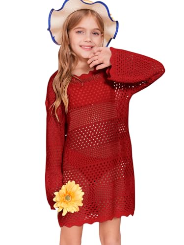 Image of Batermoon Girls Crochet Long Sleeve Swimsuit Cover Up Kids Fashion Hollow Out Swimwear Beach Dress 5-14 Years