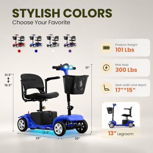 Image of Mobility Scooter for Adults, Senior, 4 Wheels Electric Powered Chargeable Device for Travel, Lightweight Mobility Scooter, with LED Headlights and Basket, Charger Included