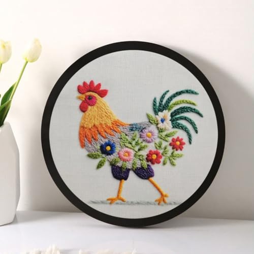 Image of Esffaci Embroidery Starter Kit for Adult Beginner with Funny Rooster Flowers Pattern Hand Embroidery Set with Cloth Hoop Needle Threader Floss and Instruction