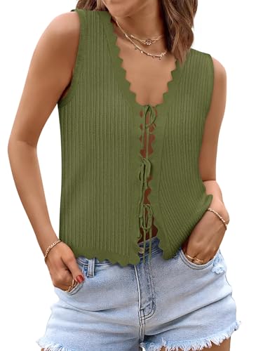 Image of COCCKO Womens Summer Tops Vacation Beach Outfits Cute Tie Front Crochet Vest Knit Sleeveless Sweaters