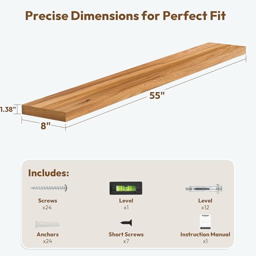 Image of Vivelove Elm Wood Floating Shelf 55x8 inch Set of 1, Natural