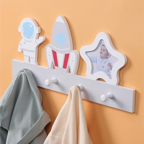 Image of Navaris Wall Mounted Coat Rack - Robust Wooden Bag Hooks with Photo Frame - Decorative Wood Racks Ideal for Kids Bedroom - Easy to Install Clothes Hangers for Walls - Space Design