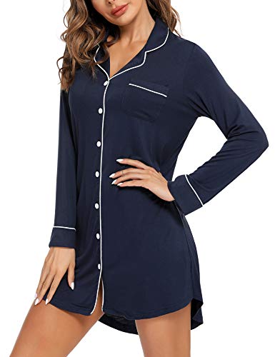Image of Samring Nightgown for Women Long Sleeve Button Down Night Gown Boyfriend Nightdress Sleep Shirts