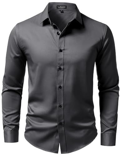 LucMatton Mens Long-Sleeve Button-Up Dress-Shirt Modern Slim-Fit Wrinkle-Free Wedding Formal Shirts Dark Grey Large