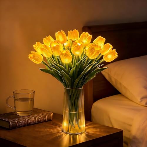 Radiant Romantic Tulip Ligh 15 PCS Twinkling Tree Tulips Led Night Light that Never Fade Never-Fade Artificial Tulips Flower Shaped Ambient Night Lamp for Bedroom Wedding Decor & Gift (Yellow)