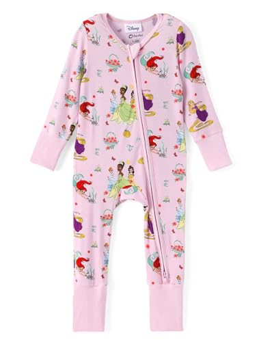 Disney Princess Long Sleeve Romper for Baby Girls Soft Breathable Stretch Footie with Easy Diaper Zipper Pink 3-6 Months