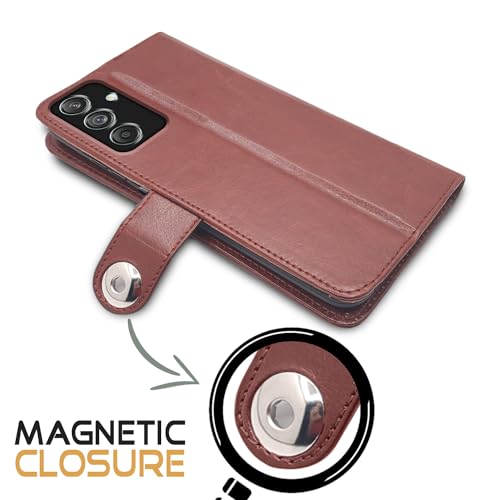 Image of Pikkme Flip Cover Leather Finish | Inside TPU with Card Pockets | Wallet Stand and Shock Proof | Complete Protection Button Flip Case for Samsung Galaxy M55 5G / M55s 5G / F55 5G (Brown)