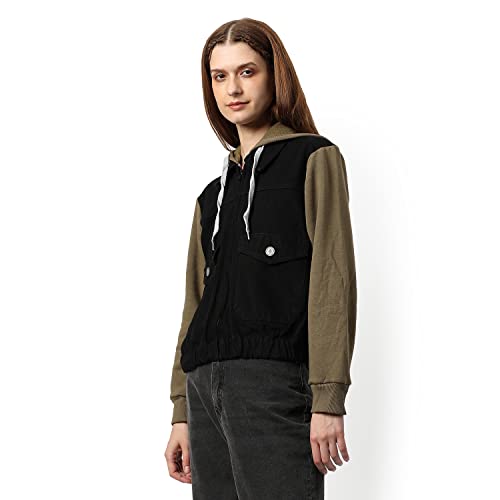 Image of Campus Sutra Women Black & Olive Green Regular Fit Denim Jacket For Winter Wear | Collared Neck | Full Sleeve | Buttoned | Casual Jacket For Woman & Girl | Western Stylish Jacket For Women