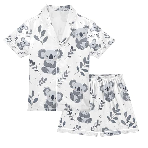 senya Cute Koala Leaves Satin Summer Pajama Sets Silk Short Sleeve Button Down Sleepwear