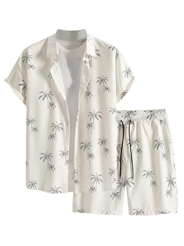 GORGLITTER Men's Patchwork Print Button Front Short Sleeve Collar Shirt and Drawstring Waist Shorts Set with Pocket