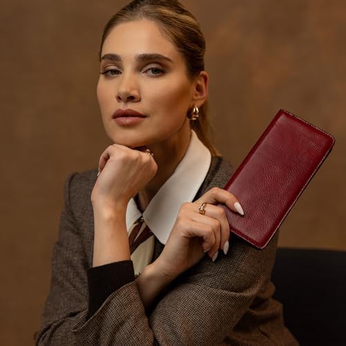 Image of Time Resistance Long Leather Wallet - Bifold Mens Suit Leather Wallet - Checkbook Wallet - Tall Billfold Card Wallet - Slim Wallet Made in Italy (Red)