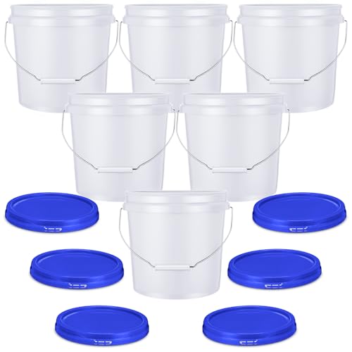 Ziliny 6 Pack 2 Gallon Plastic Bucket with Lid Heavy Duty Pail with Metal Handle Reusable Small Multipurpose Paint Buckets Container for Food Storage(White)