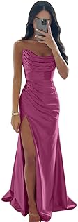 Women's Satin Bridesmaid Dresses Strapless Prom Dresses Long Pleated Mermaid Formal Party Dress with Slit UU29 - Buy now