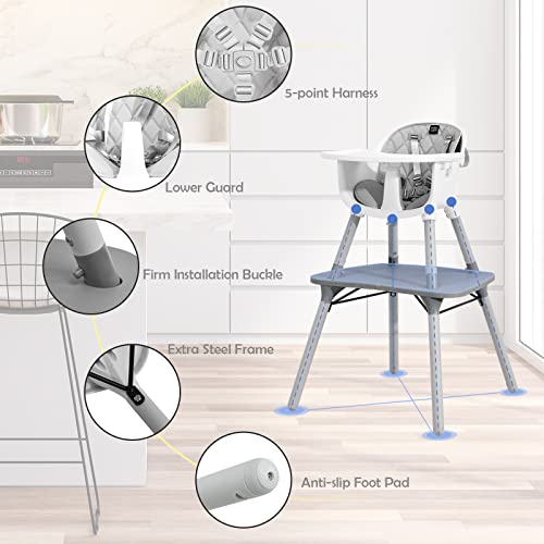 Image of HONEY JOY 5-in-1 High Chair, Convertible Highchair for Babies and Toddlers /Kids Chair Table Set /Infant Feeding Chair w /Safety Harness, PU Leather Cushion & Removable Food Tray (Gray)