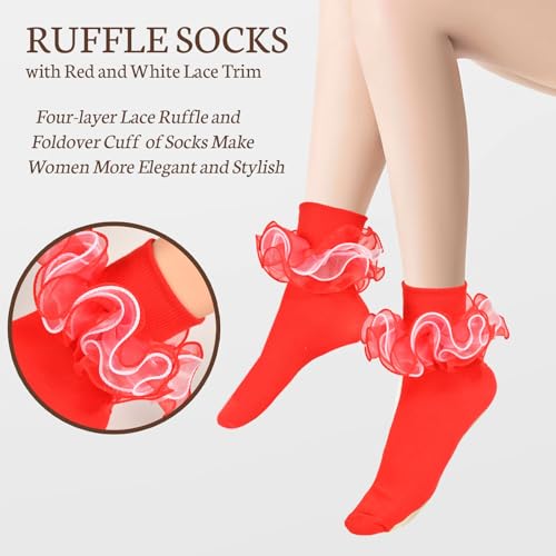 Image of Women Ruffle Socks with 4-Layer Big Frilly Lace Turn Cuff Dress Socks Adult Soft Cotton Fancy Frilly Sock (US, Alpha, One Size, Regular, Regular, 3 Pairs A)