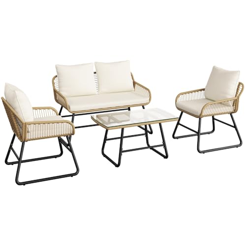 Yaheetech Juego de Muebles de Jardín de 4 Piezas Conjunto de Muebles de Jardín Exterior Sofá de Jardín (Beige/Negro)