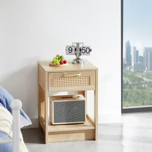 15.75" Rattan End Table with Drawer, Modern nightstand, Side Table for Living Room, Bedroom,Natural