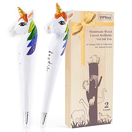 VIPbuy 2 bolígrafos de tinta de gel tallados en madera 100% hechos a mano, novedad, bolígrafos de escritura recargables, suministros escolares de oficina, regalos (unicornio) Cover