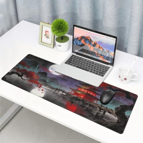 Image of Black Red Teal Japanese Mouse Pad 31.5x11.8 XL Anime Mountain Lake Pavilion Tree Extended Large Mousepad Keyboard Mouse Mat Desk Pad with Non-Slip Rubber Base Stitched Edges for Home Office Game