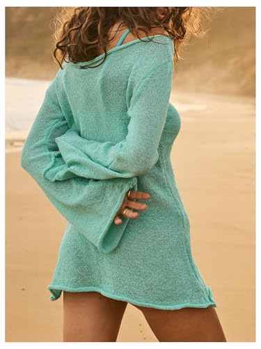 Women's Off Shoulder Knit Beach Dress See Through Long Sleeve Swimsuit Coverups Dresses Beachwear4