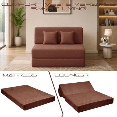 Image of Los Angeles 2 Seater Foldable Sofa Cums Bed, Sofa Bed 4 X 6 Feet Jute Fabric Washable Cover- Including Cushion Perfect for Living Room - Brown Color